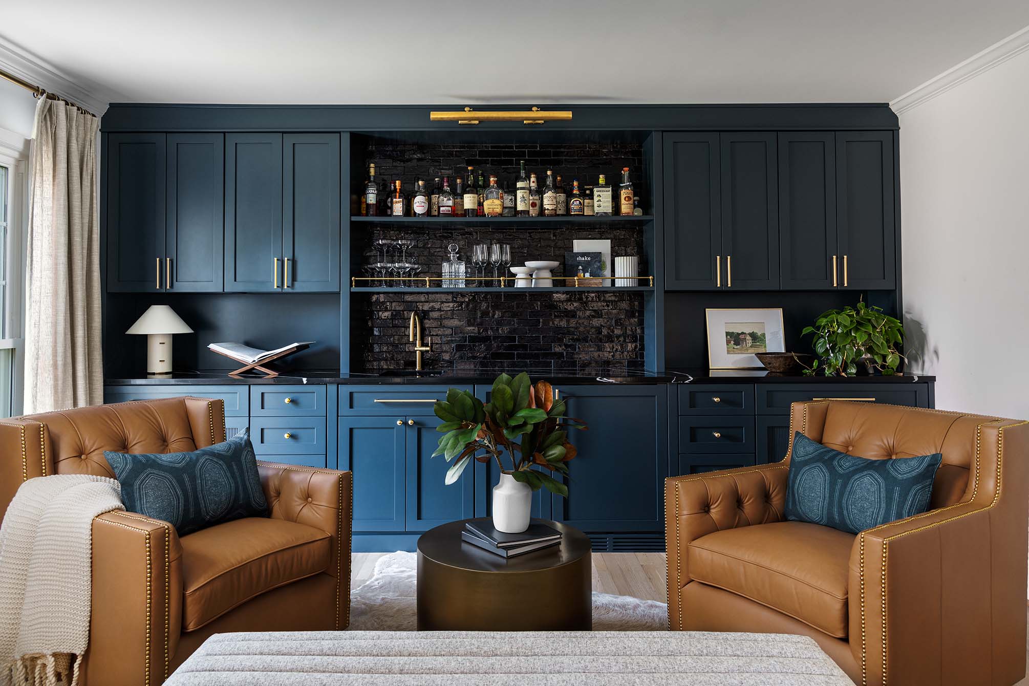 Custom deep navy blue lounge and wet bar cabinetry in Ellicott City Howard County Maryland by Shoshanna Shapiro for Sho and Co Cabinetry
